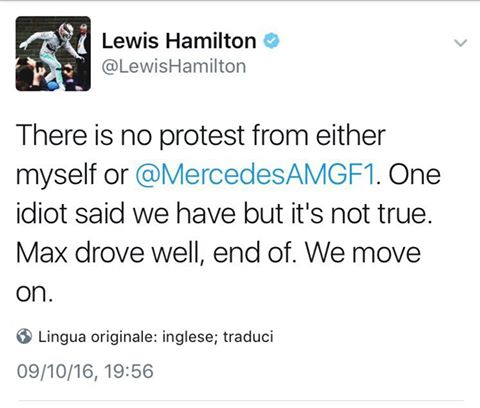 Il tweet di Hamilton poi cancellato