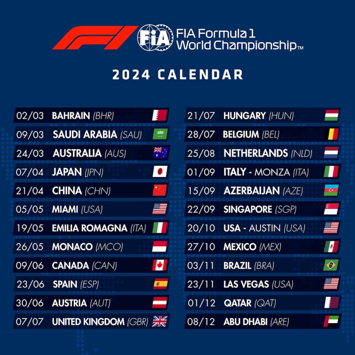 F1 2024 calendar race: date e location - Presticebdt